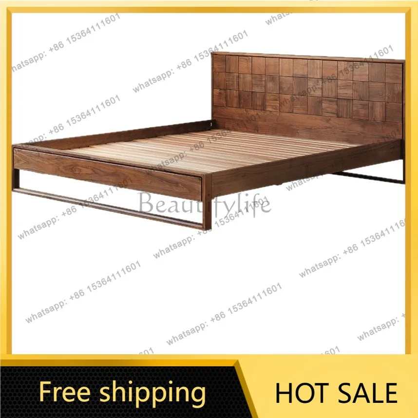 Factory Direct Sales Nordic Light Luxury Black Walnut Double Bed Log Master Bedroom Queen Bed