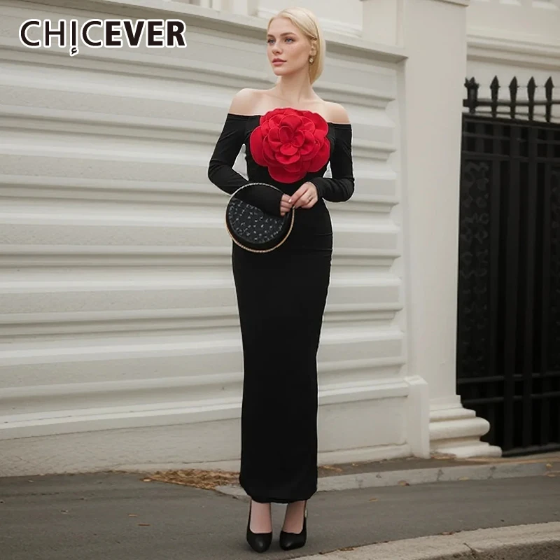 

CHICEVER Patchwork Appliques Party Dresses For Women Slash Neck Long Sleeve High Waist Tunic Hit Color Bodycon Dress Female 2024