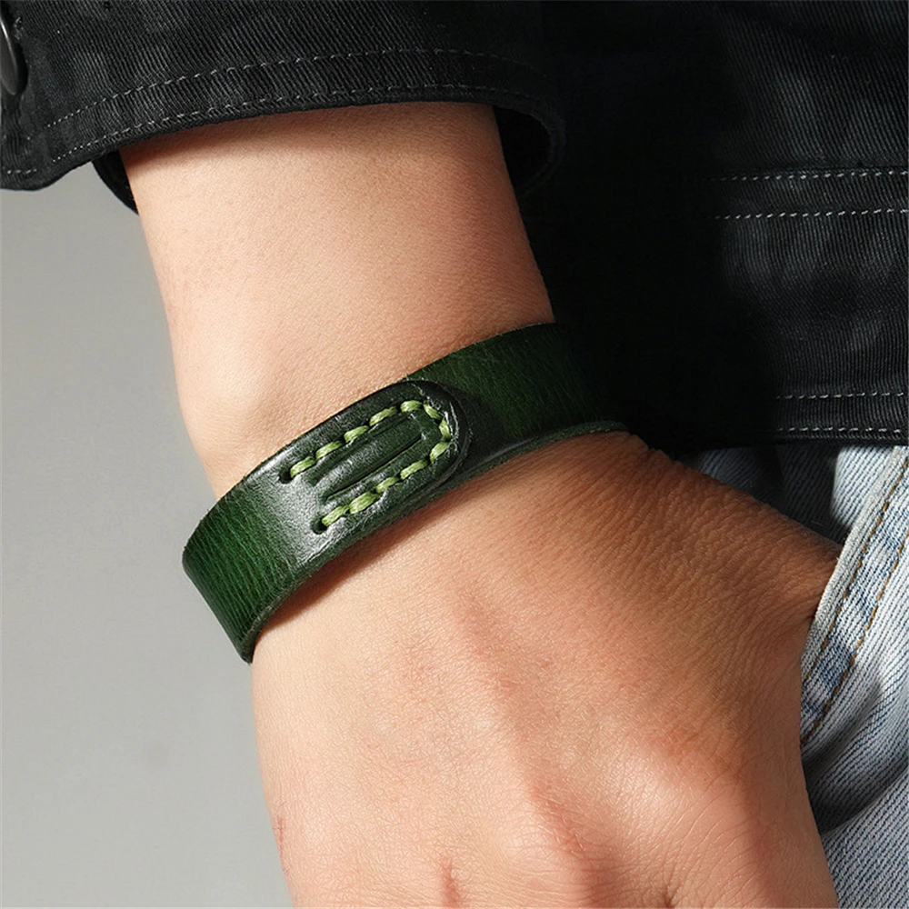 Black Brown Blue Green Red Genuine Leather Wrap Bracelets Men Bangles Wristband Casual Jewelry