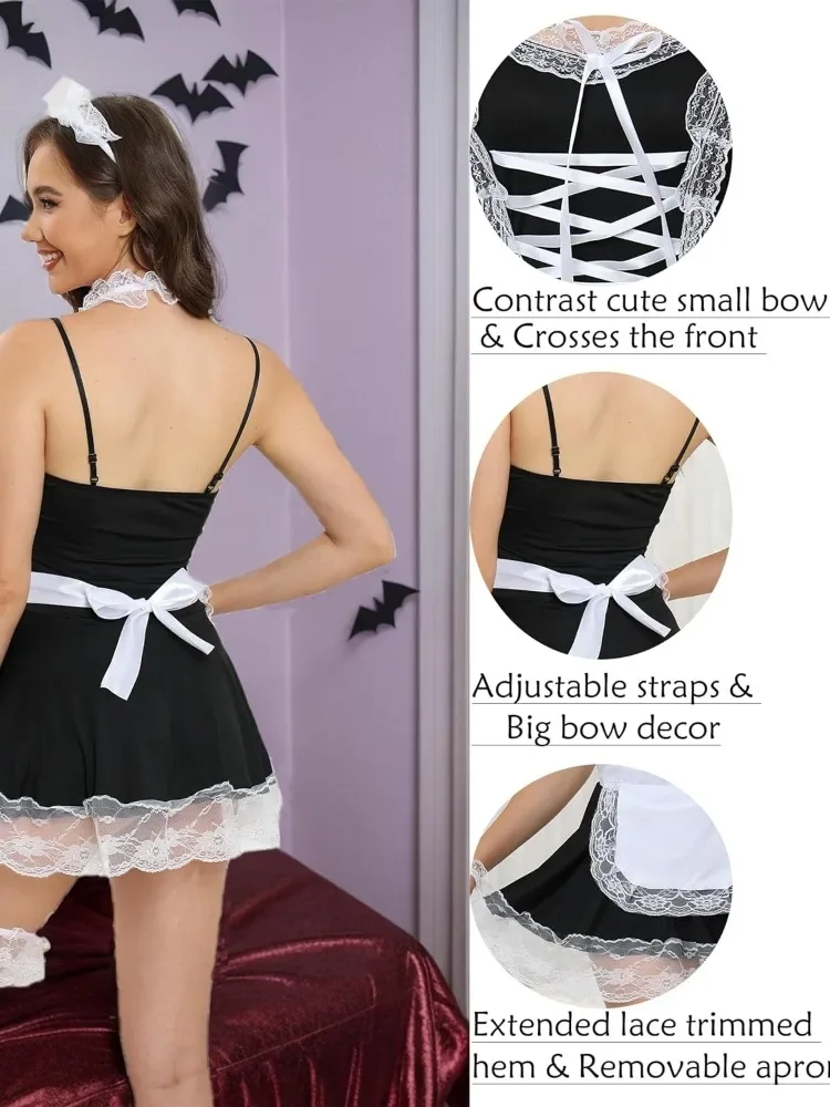 Porno Crotchless Sexy Lingerie Women Cosplay Lolita Uniform French Apron Cafe Maid Dress Erotic Underwear Role Play Costumes Set