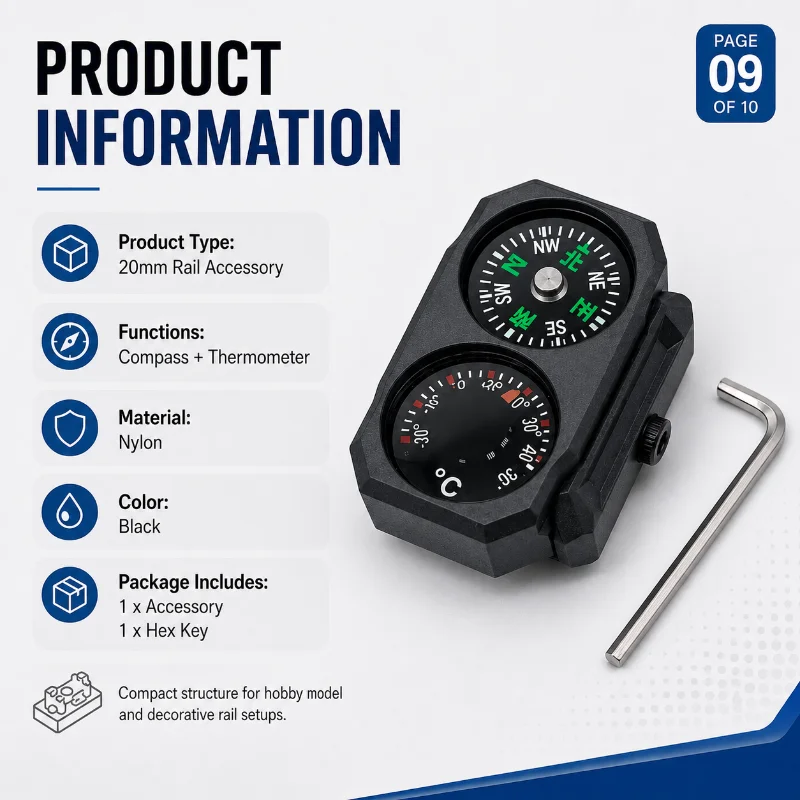 Hobby Model Decorative Component Nylon 2‑in‑1 Compass Thermometer 20‑22MM Rail Fit with Hex Key