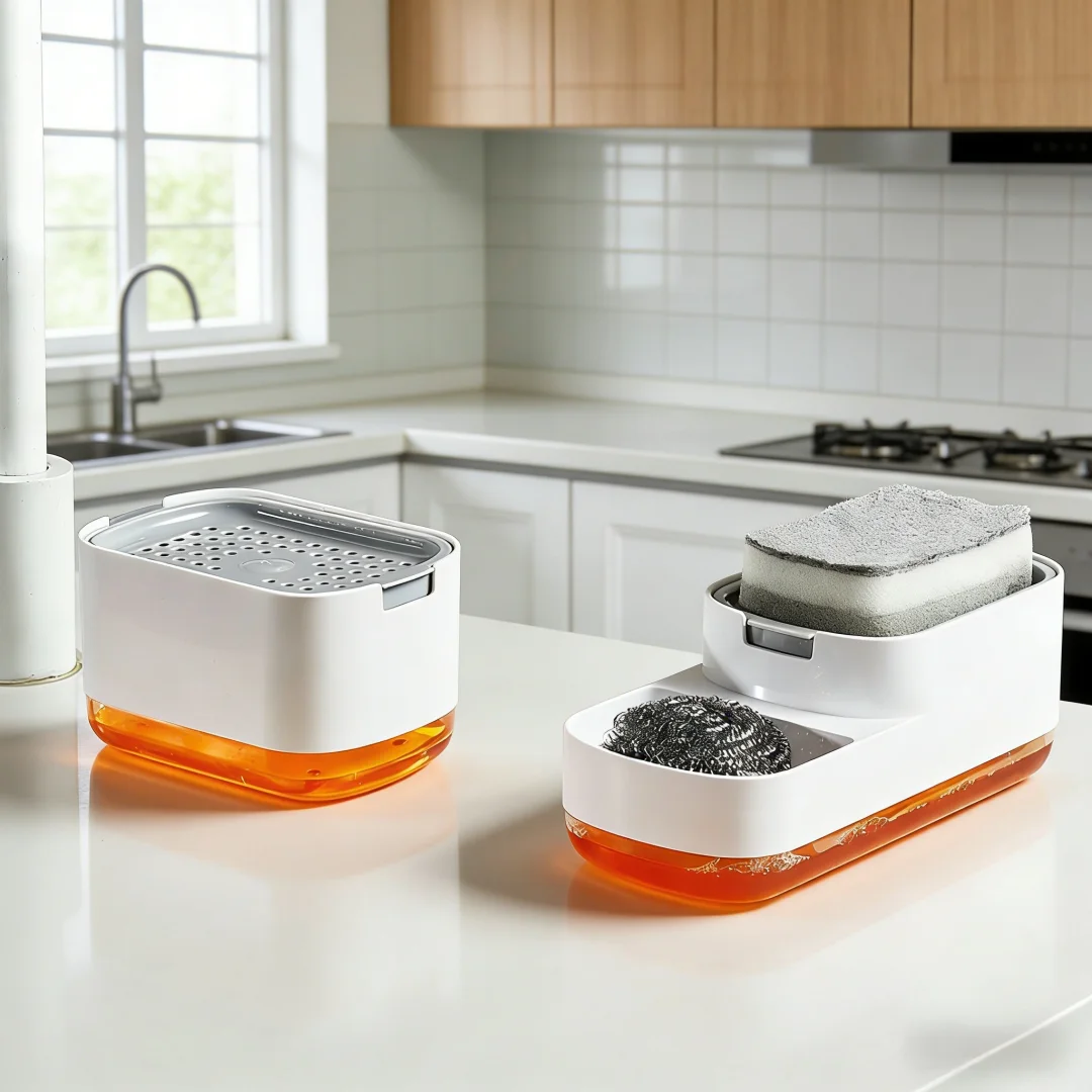Countertop Soap Dispenser Press Box Liquid Soap Storage Box Dishwashing Liquid with Sponge Included Sink Soap Sponge Holder