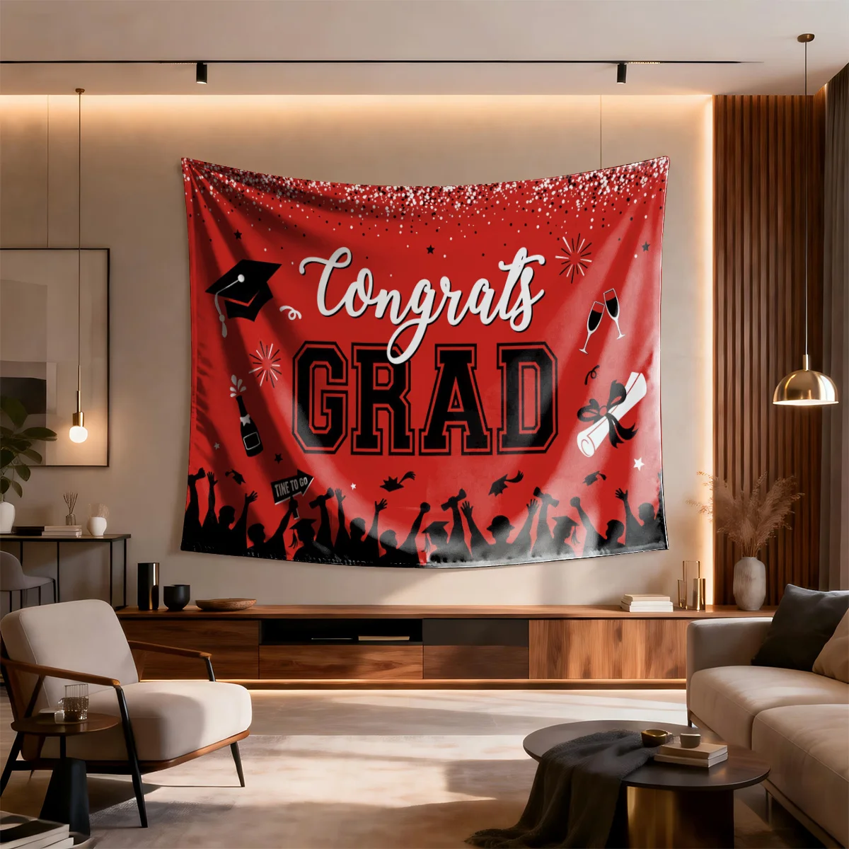 Red Congrats Grad Tapestry, Graduation Party Backdrop with Cap & Diploma, College Celebration Wall Hanging Decor Gift