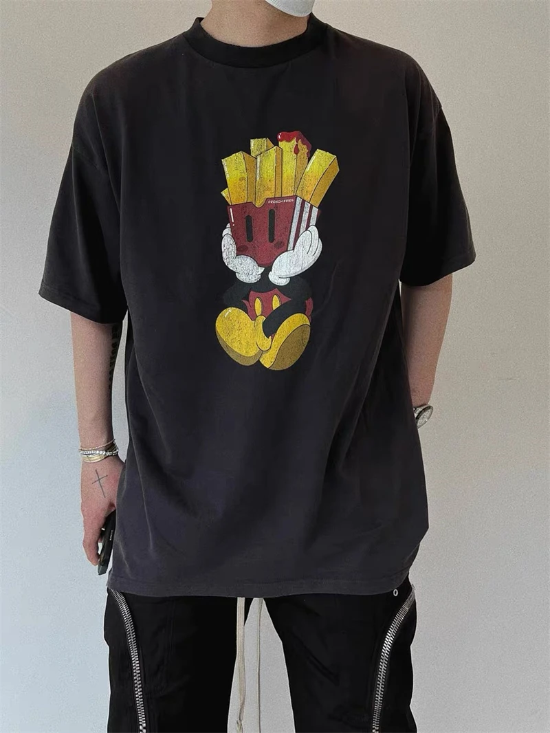 High quality French fries printed Vintage high street cartoon retro washed crack casual loose short sleeved Oversize t-shirt