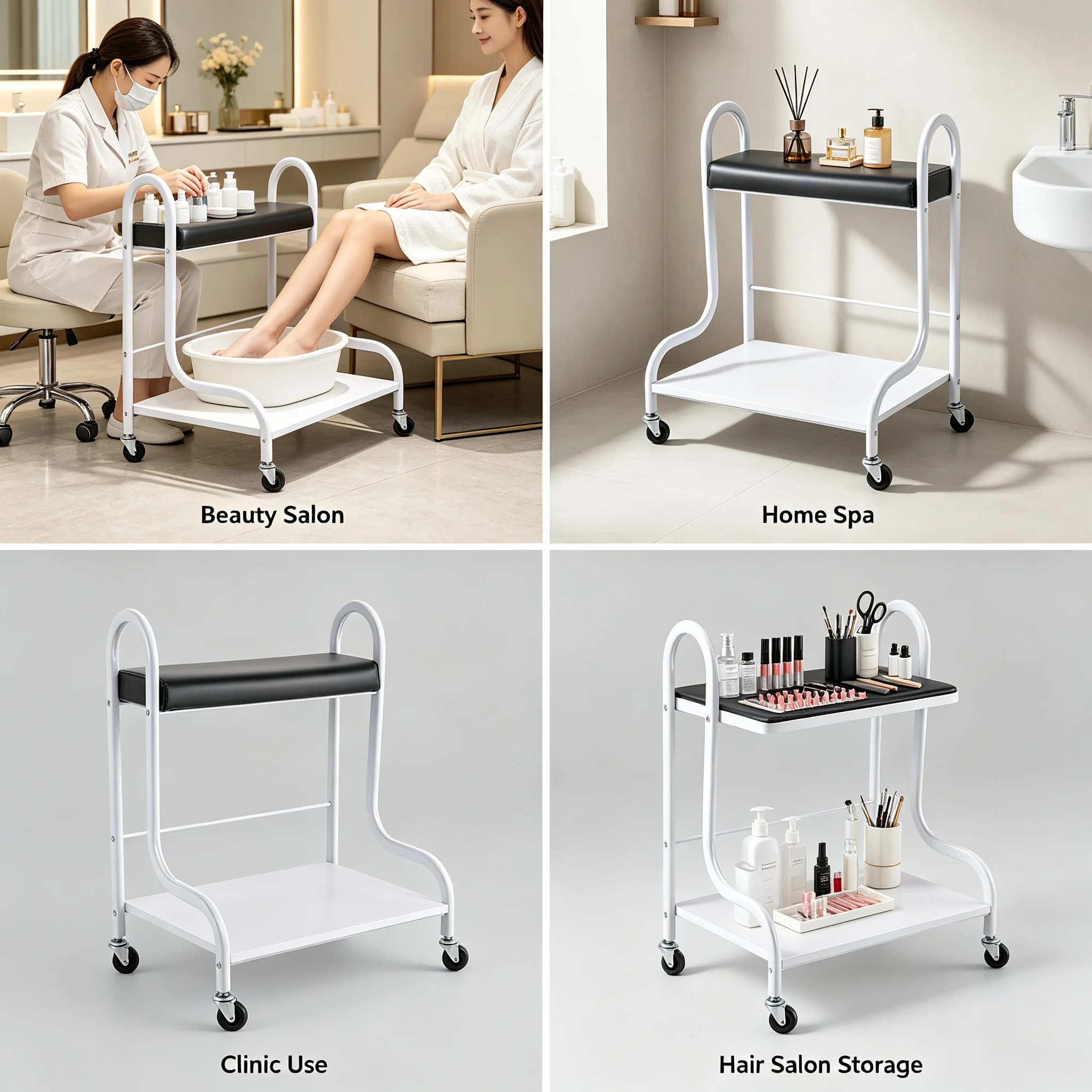 Portable Foot Bath Spa Trolley Cart with Wheels & Foot Rest, 2-Tier Beauty Salon Manicure Cart, 220.46lbs Load, Metal Wood Rolling Stand for Home Spa Use
