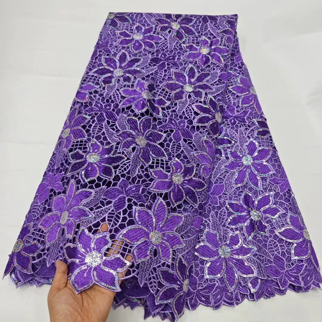 Latest Royal Blue African Water Soluble Lace Fabric With Sequins 2024 French Nigeria Guipure Cord Lace Fabric For Dress KHD24149