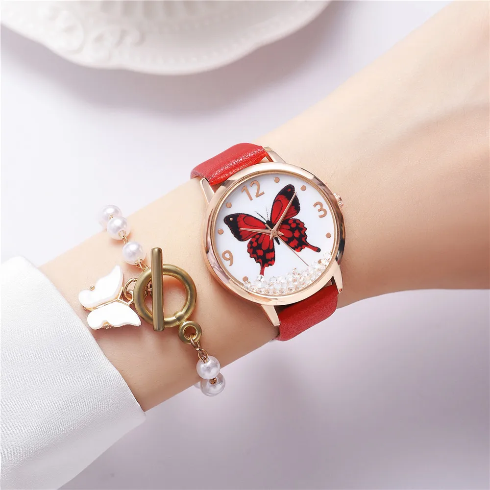 Temperament Fashion Simple Belt Ladies Watch Butterfly Pattern Rhinestone Quartz Tumblers Casual Watch Women