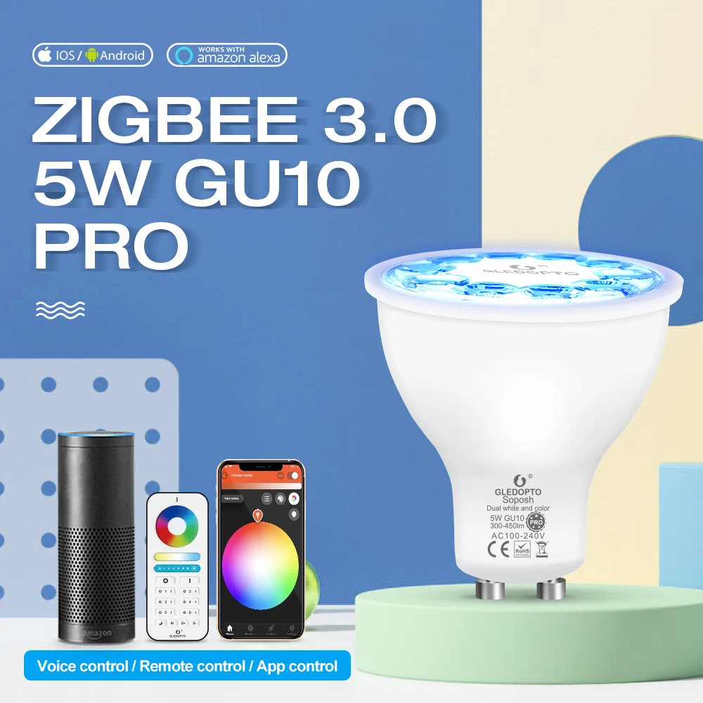 

Светодиодная лампочка Zigbee 3,0 5 Вт GU10 RGB + CCT, меняющая цвет, профессиональсветильник светодиодный светильник, подходит для спальни, гостиной, кухни, потолка