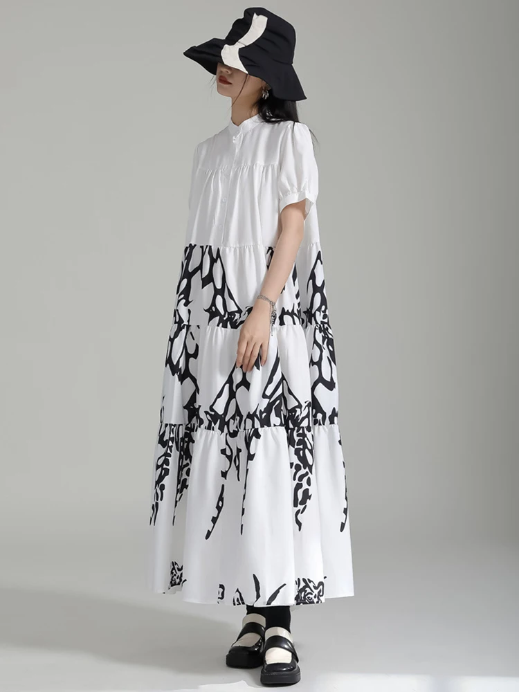 [EAM] Women Black Printed Big Size Long Shirt Dress New Stand Collar Short Sleeve Loose Fit Fashion Spring Summer 2024 1DF8732