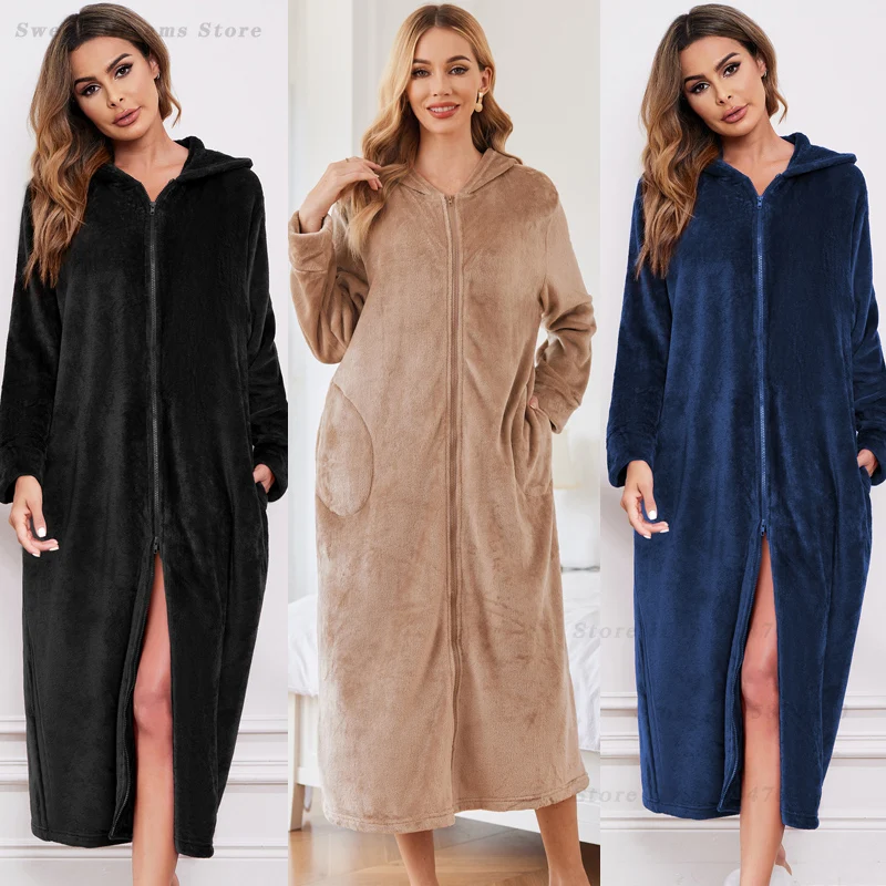 

Big Size 3XL Zipper Nightgown Thicken Hooded Sleepwear Long Sleeve Bathrobe Autumn Winter New Women's Flannel Nightwear Homewear