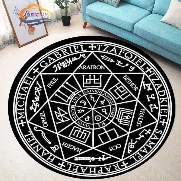 Pentagram sun Patterned Round Carpet, Satan Devil\'s Trap Rug, White  on Black  Supernatural  Rune carpet