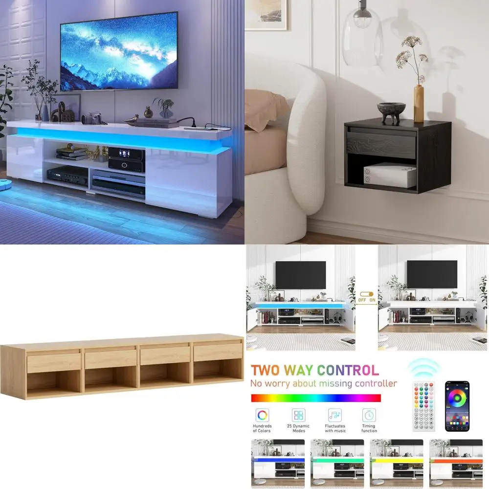 Modern High Gloss 85 Inch LED TV Stand with Storage and Power Outlet, Entertainment Center for Gaming Consoles