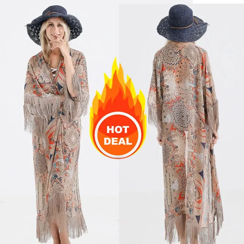 

2021 Retro Printed Half Sleeve Cardigan Kimono Boho Fringed Tassels Cover Up Ankle Length Cape Beach Swimsuit