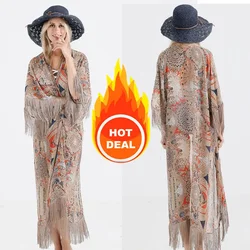 2021 Retro Printed Half Sleeve Cardigan Kimono Boho Fringed Tassels Cover Up Ankle Length Cape Beach Swimsuit