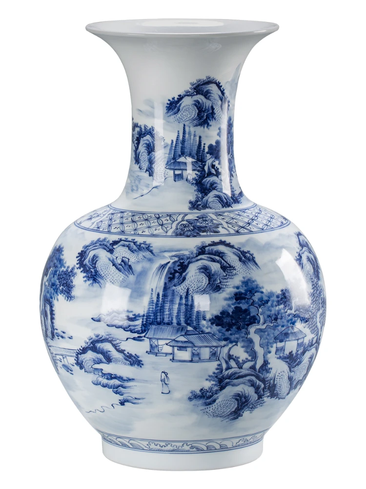 Large Blue and White Porcelain Vase Jingdezhen Ceramic for Flower Arrangement Chinese Antique Decor Living Room Ornament