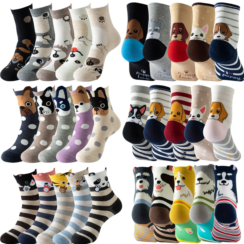 

5pairs Funny Animal Socks Women Girls Cute Cartoon Cat Dog Owl Socks Casual Cotton Novelty Crew Socks Mid Tube