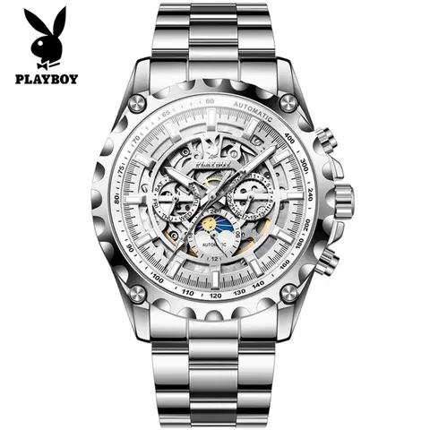 Watch Mechanical Movement PLAYBOY 3551 Brand Men Original Mechanical Movement Watch Sun Moon Dial Night Light Function Date Display 30m Waterproof Watch