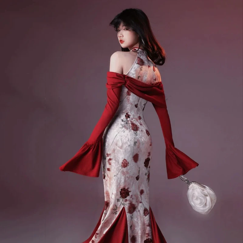New - Chinese - style Velvet Printed Improved Cheongsam Dress for Women, 2024 Autumn, Waist - cinching, Slimming, Hip - hugging