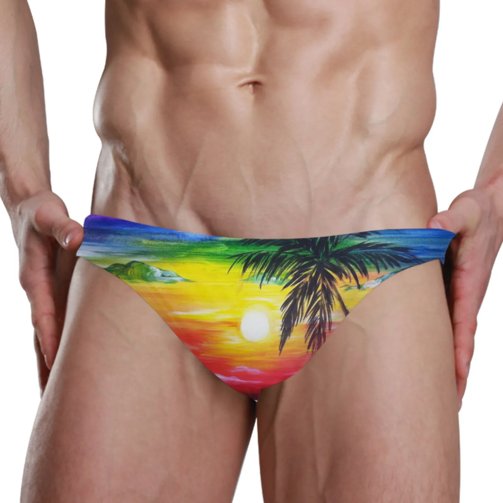 Sexy Men Swimwear Polyester Quick Dry Palm Tree at sunset Swimming Briefs Gay Low Waist Swimsuits Beach Pool Spa Bathing Panties