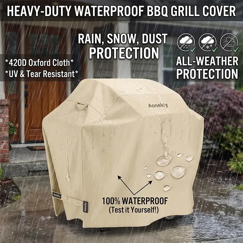 Beige 420D Oxford Cloth Barbecue Cover Sunscreen Rainproof Dustproof Stove Cover for Courtyard with Handle And Folding Rope