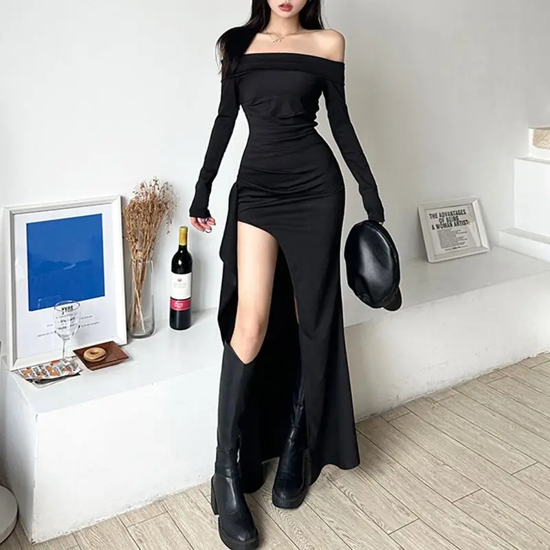 

Dress Folds Split Irregular One-Piece Collar Elegant Dark Slim Solid Long Sleeve Maxi Dresses For Women 2024 Waist Dress