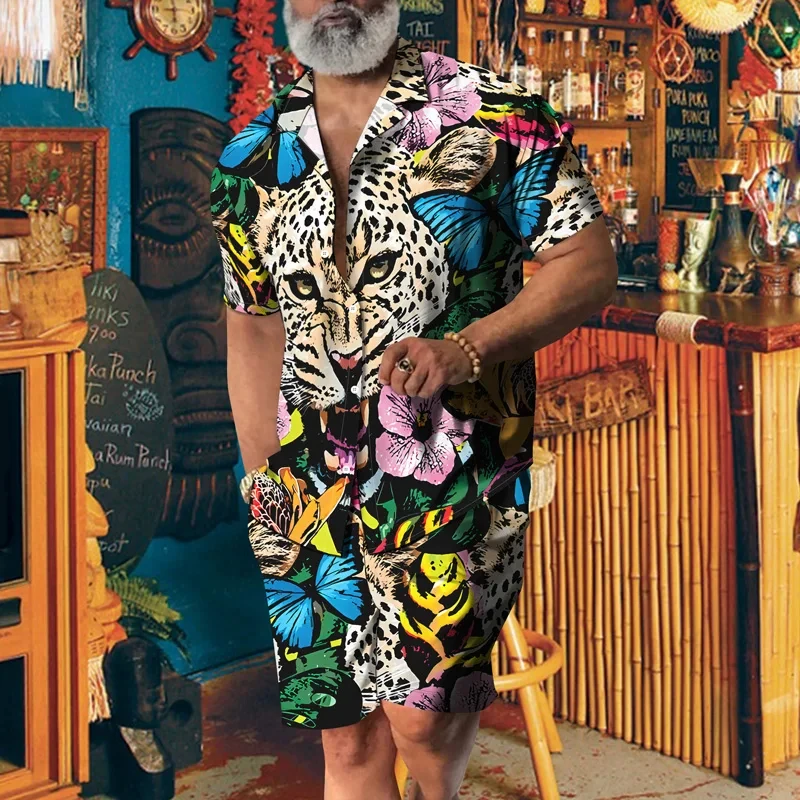 

Hawaiian suit, men's Animal 3D Leopard Print Shirt set, Fashionable short-sleeved shirt, Oversized Beach shorts, Streetwear