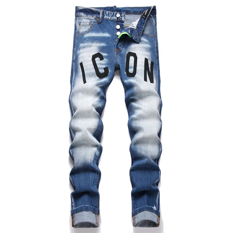 DSQ new print splash paint men's slim-fit stretch jeans blue tight beggar pants D2 ICON