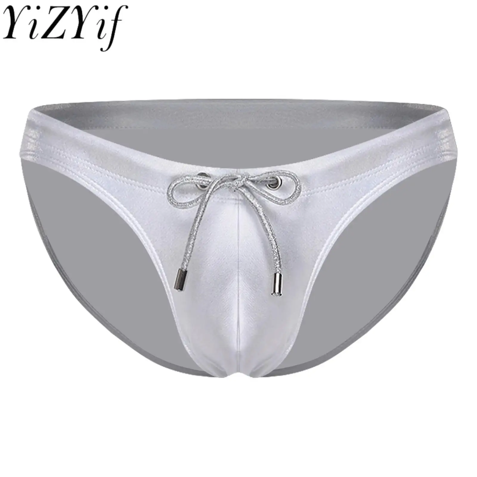 

Men Adults Sexy Shiny Bikini Briefs Low Rise Elastic Waist with Drawstring Bulge Pouch Panties for Pool Party Swim Beachwear
