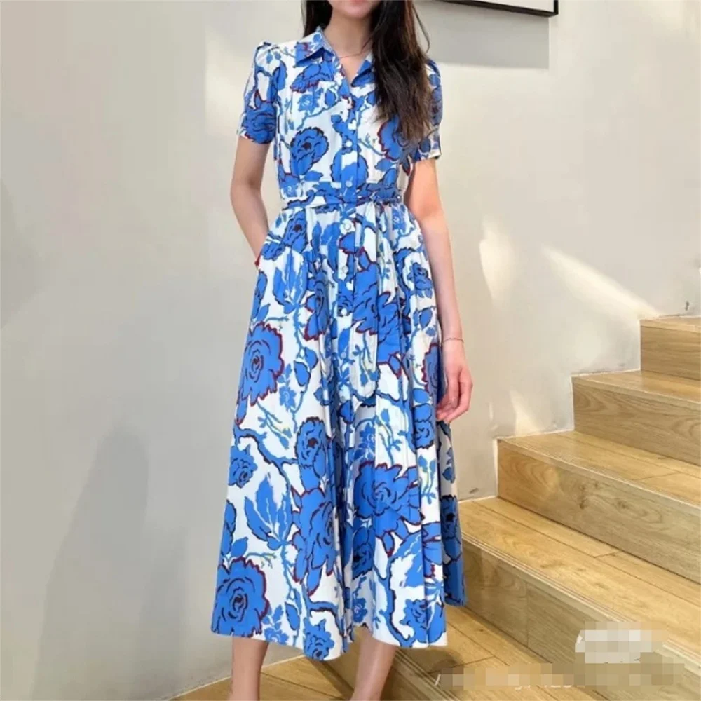 

Blue Floral Print Women's Midi Dress Short Sleeve Elegant Lady Waist Lace-up Long Dresses for Holiday