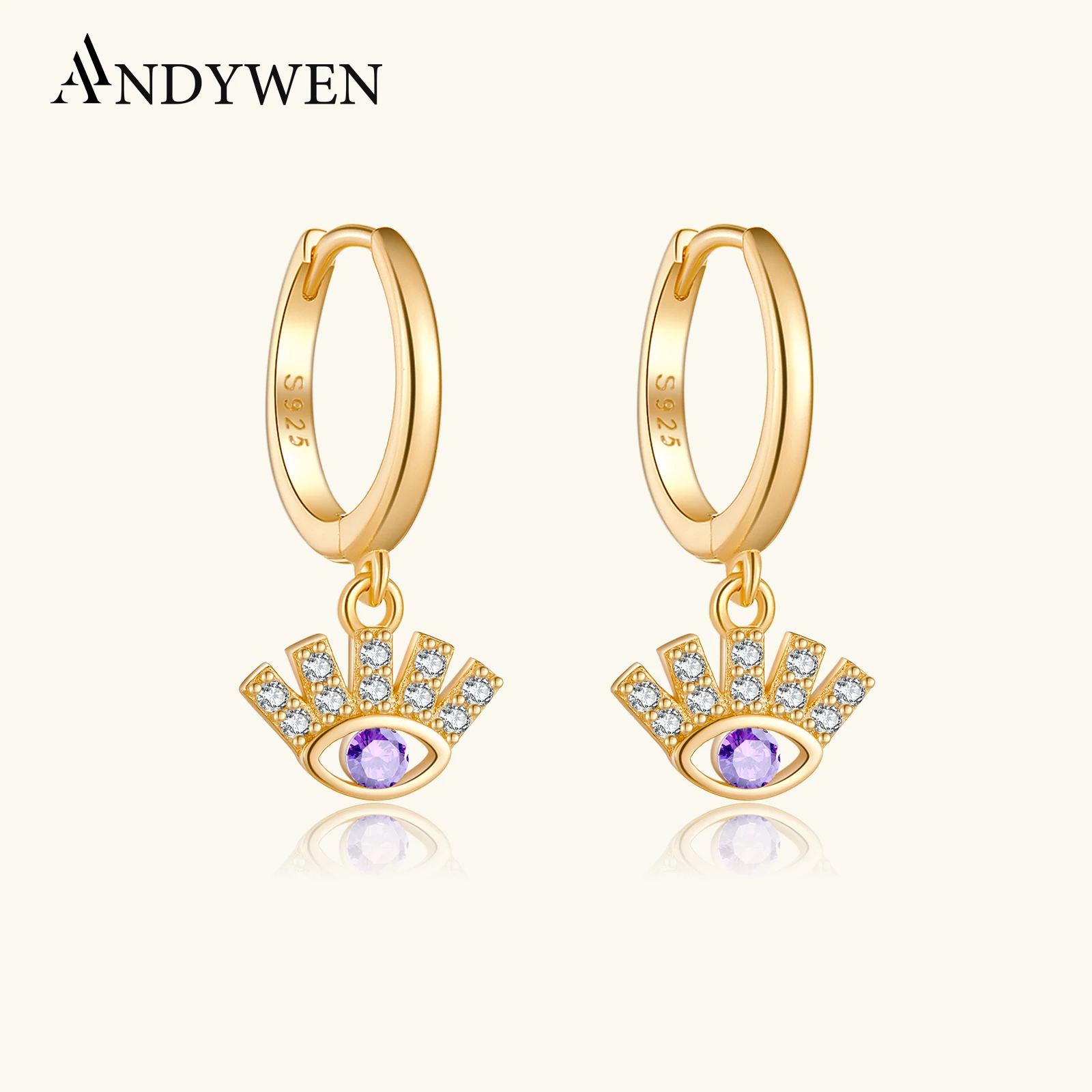 

ANDYWEN 925 Sterling Silver Purple Zircon Eye Pendant Piercing Circle Drop Earring For Rock Puck Jewelry Fashion Jewels