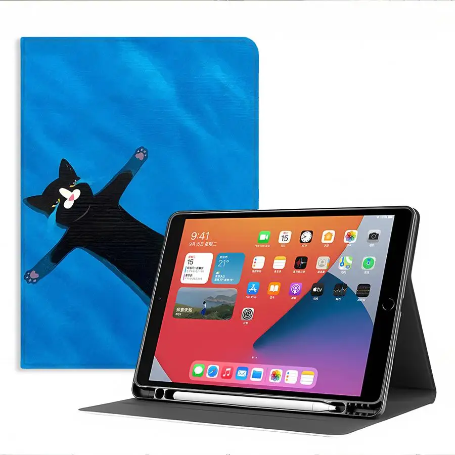 Creative Cat Drinking Alcohol With Pencil Holder Case for Apple iPad 10th 7/8/9th Air 11 13 M4 M3 M2 A16 2026 Pro11 13 Air