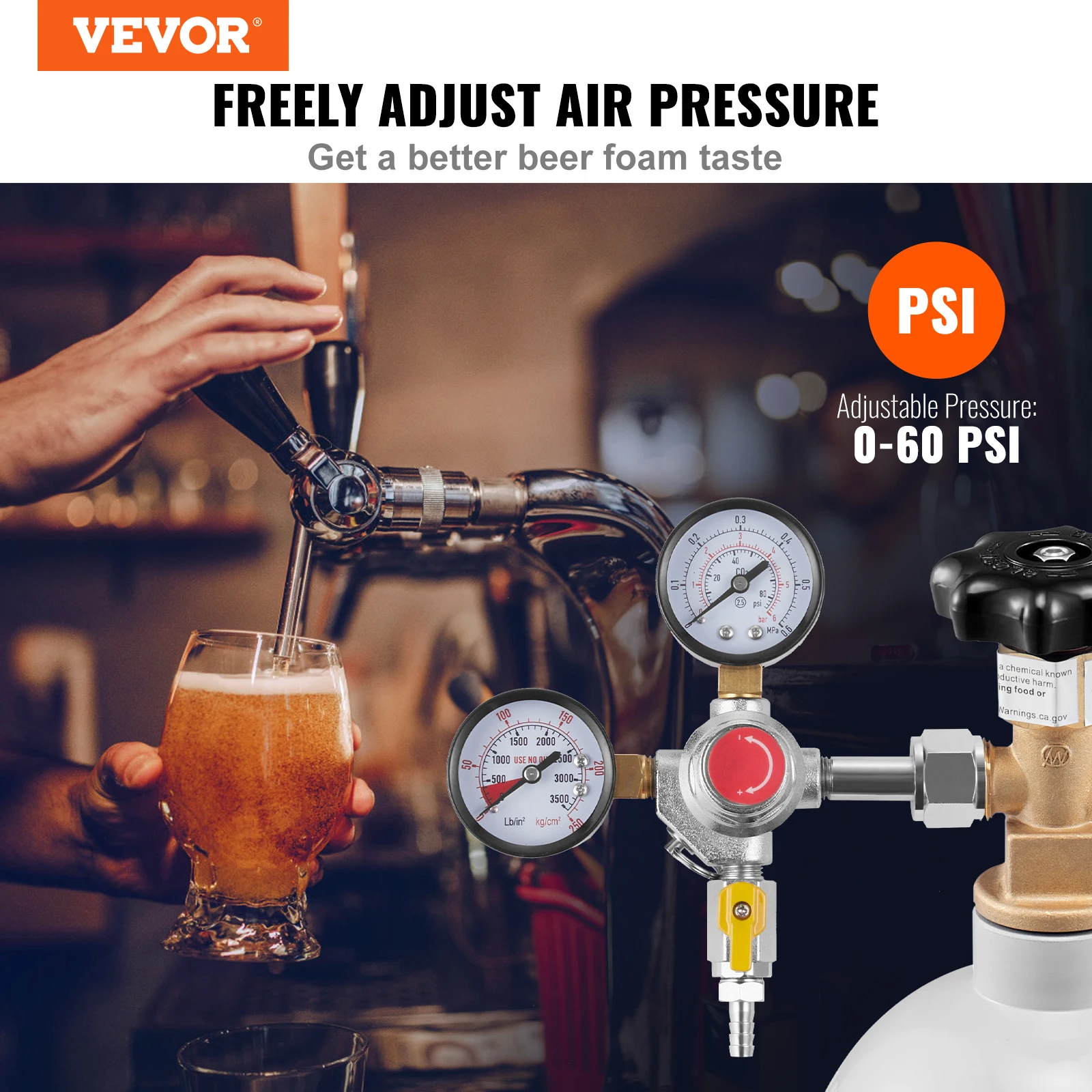 VEVOR Double/Triple CO2 Gauge Regulator Draft Beer Regulator with Check Valve Adjustable Pressure Regulator for Home Use CGA320