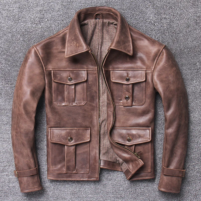 

2025 Мужская охотничья куртка из натуральной яловой кожи, первый слой из воловьей кожи, мотоциклетная куртка в американском стиле ретро, короткая куртка