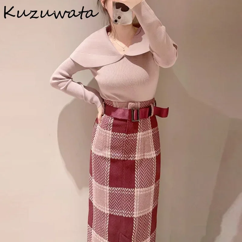 Kuzuwata Turn-Down Colla Long Sleeve Woman Sweaters Temperament Soild Slim Fit Pullovers Japan Knit Fashion Elegant Pull Femme