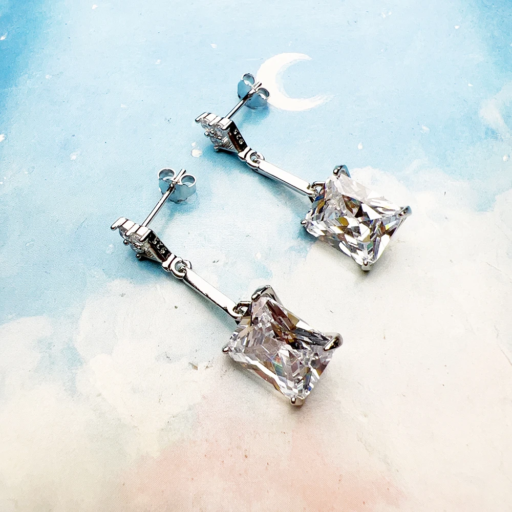 Dangle Earrings White Octagon-Cut Zirconia Fine Jewelry For Women Summer Brand New Real Sterling Silver 925 Romantic Gift
