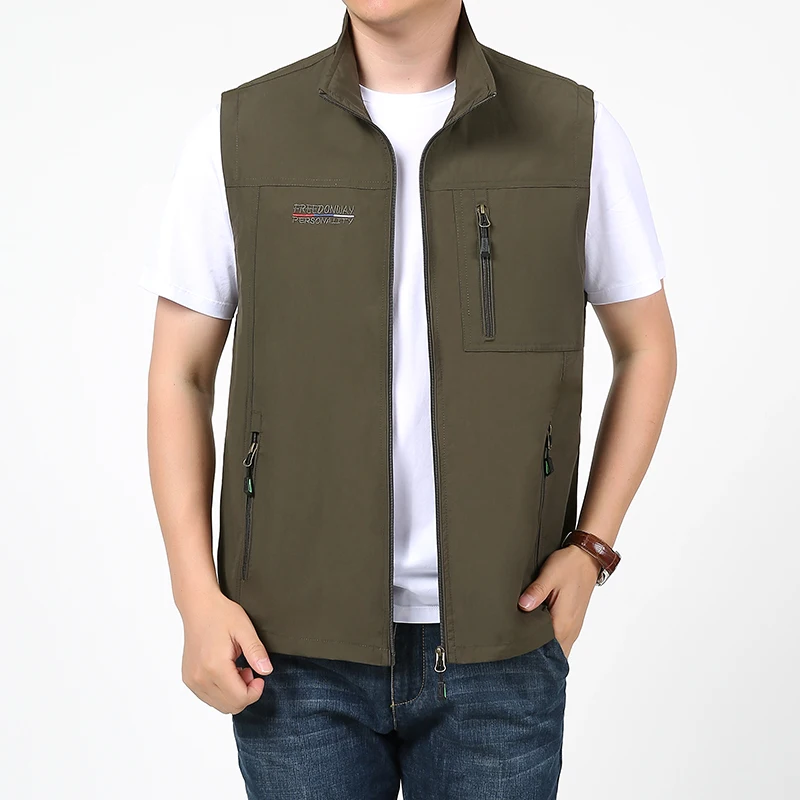 Vestes en fibre de plein air pour hommes, vêtements de sport décontractés, col montant, fermeture éclair, mode estivale, poches, épissé, gilets droits