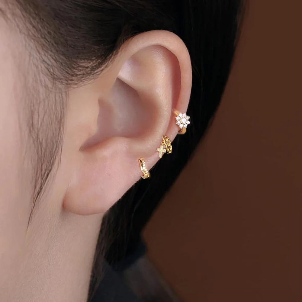 1PC Stainless Steel Zircon Star Cross Piercing Earring for Women Teen 18K Gold Plated Tiny Bow Round Circle Hoop Earring Jewelry