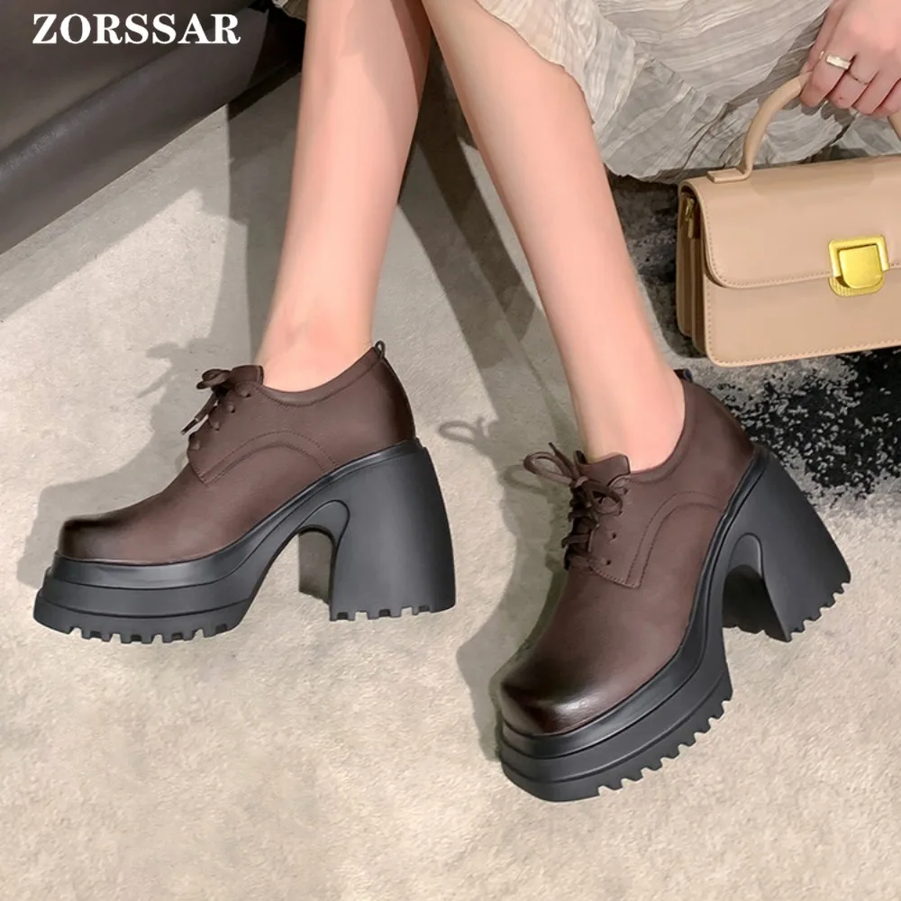 Genuine Leather Platform Loafers Women 2024 Preppy Style Lace Up Oxford Shoes Woman Black Thick Bottom High Heel Y2K Shoe Female