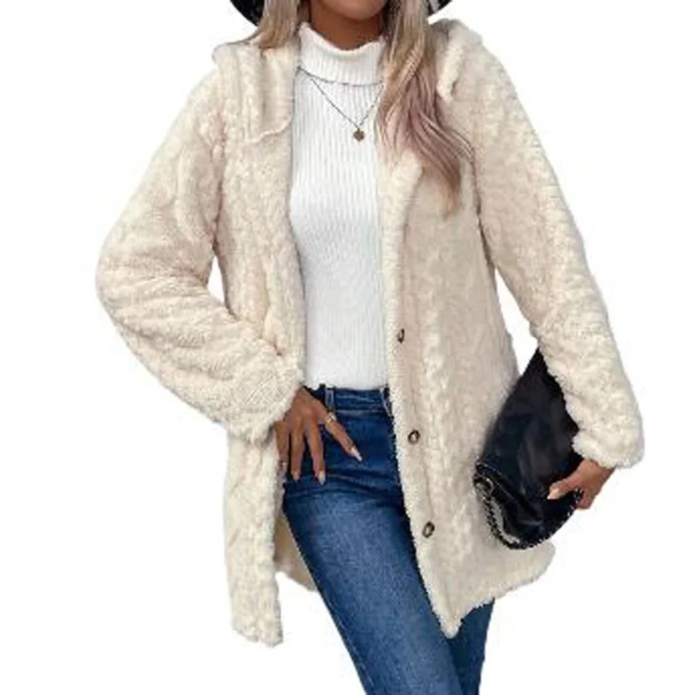 Women's Fleece Loose Coats Autumn Winter Female Button Side Split Long Sleeve Geometric Patchwork Soft Flurry Hooded Coats