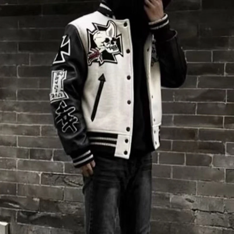 Vintage PU Leather Patchwork Outerwear Mens Spring Casual Button-up Jacket Coats Men Y2K Skulls Embroidery Stitch Design Jackets view 5