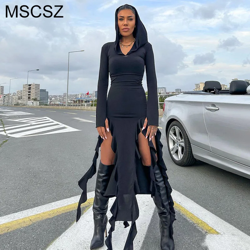 

MSCSZ Black Hooded Long Dress Woman Long Sleeve Bodycon Asymmetrical Dress Autumn Winter Ruffle Tassels Maxi Dress