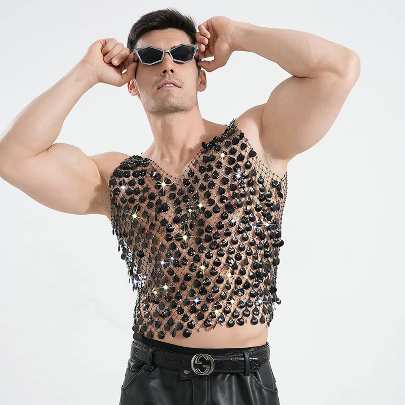 Summer Male Shell Tassel Mesh Tank Top American Fashion Men Sexy Stage Performance Rhinestone Hollow Out Sleeveless Tops