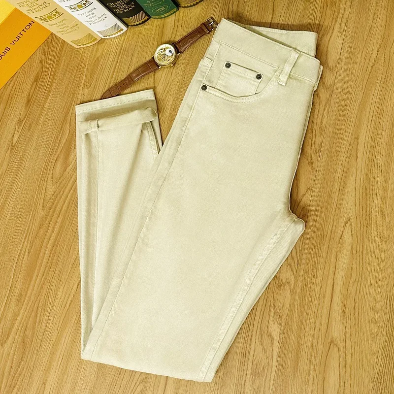 Khaki Jeans for Men2024Year Spring and Summer Thin Versatile Simple Classic Washed Stretch Slim Fit Ankle Tight Trousers