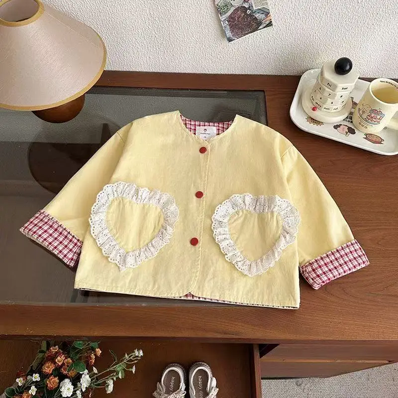 

Girl Windbreaker Jacket 2026 Spring Kids Sweet Lace Splicing Plaid O-Neck Single Breasted Outwear Children Princess Costume