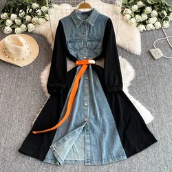 Neploe Elegant Turn-down Collar Long Sleeve Patchwork Mujer Women Lace Up Denim Small Fellow Robe Big Swing Loose Slim Vestidos