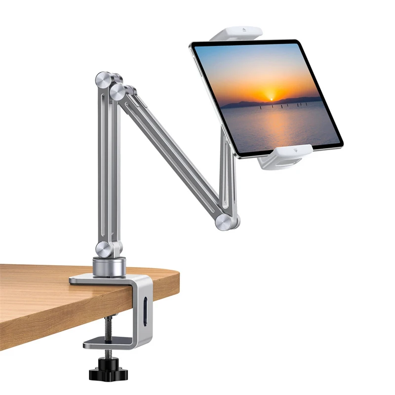 Aluminum Tablet Stand Adjustable Arm Ergonomic Desk Bed Tablets Holder Stands for 4-12.9 Inches iPad Pro Samsung Xiaomi Kindle