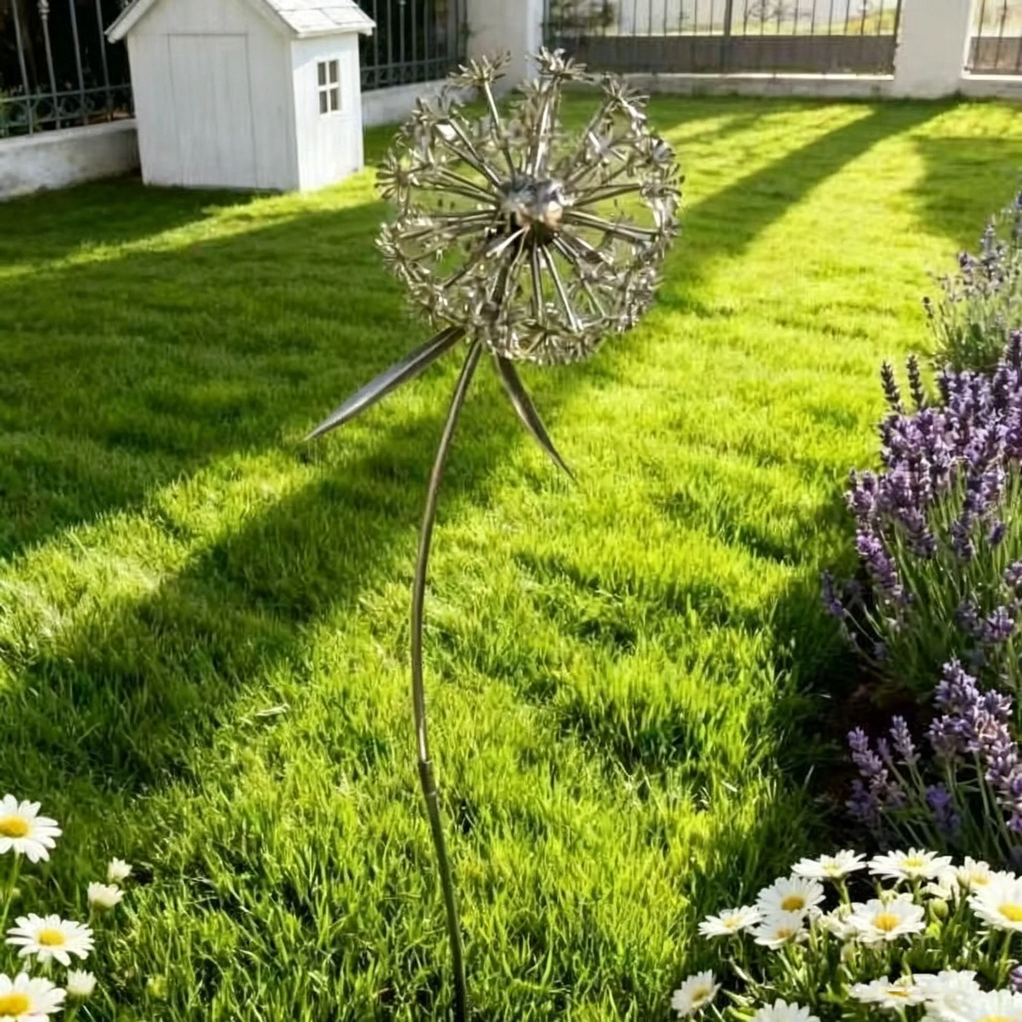 Rustic Metal Dandelion Garden Decor, Silver Wrought Iron Flower Stake, Durable Outdoor Art Sculpture for Patio, Yard & Landscape