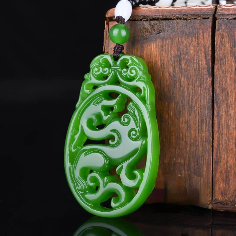 

Green Jade Pendant Necklace Hollow Dragon Natural Stone Necklace