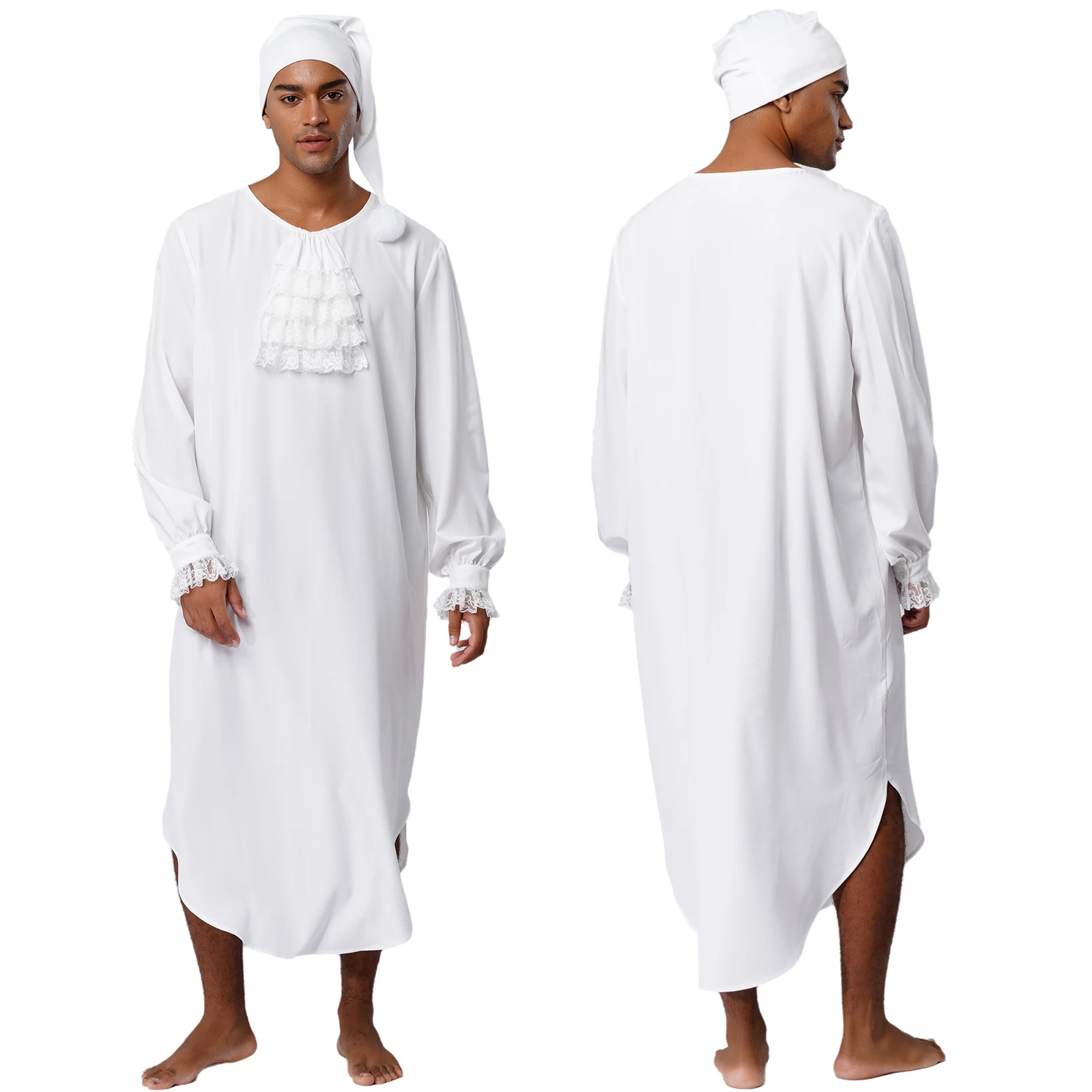 Men Victorian Style Nightgown Halloween Christmas Costume Long Sleeve Lace Trim Soft Loose Sleep Robe with Nightcap Loungewear