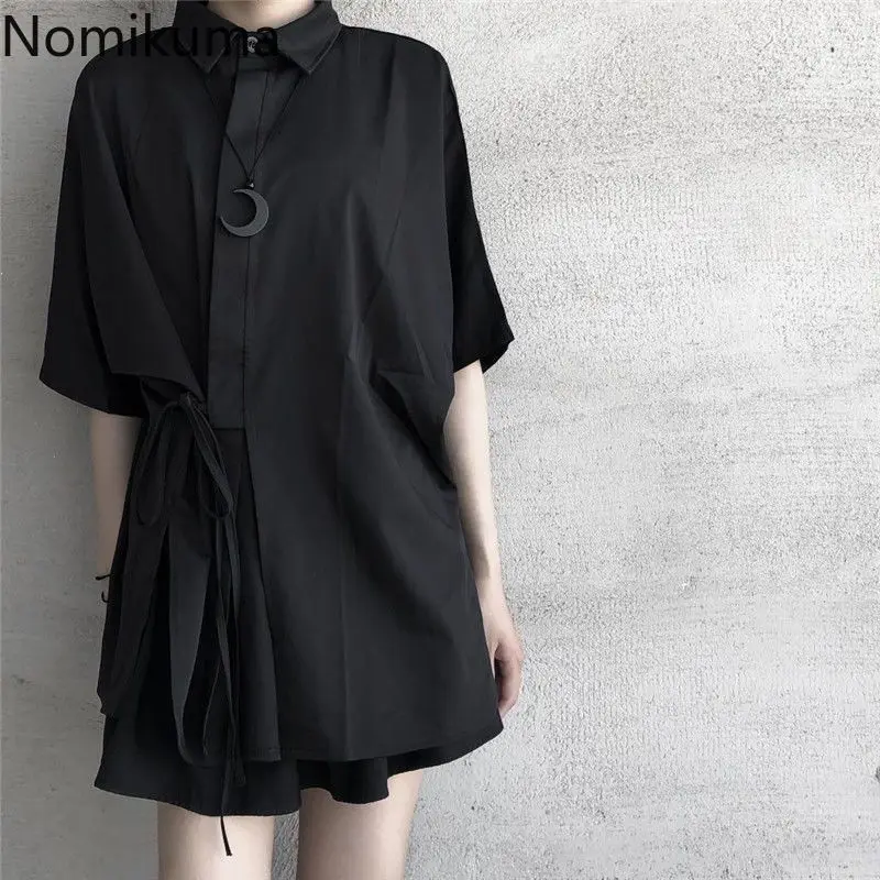 Harajuku Black Blouses Women Japanese Summer Shirts Oversized Y2k Tops 2024 Blusas Mujer De Moda Bandage Casual Fashion Blouse